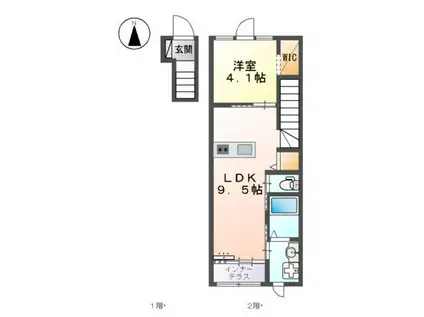 ユニヴァリィ2 東吉野B棟(1LDK/2階)の間取り写真