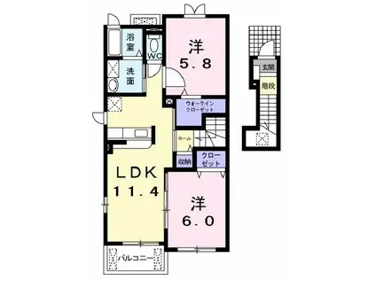 アンジュフランA棟(2LDK/2階)の間取り写真