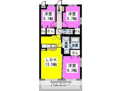 FELICE NAGAKUNI(3LDK/1階)の間取り写真