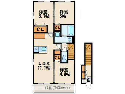 レジデンス福間駅前 弐番館(3LDK/2階)の間取り写真