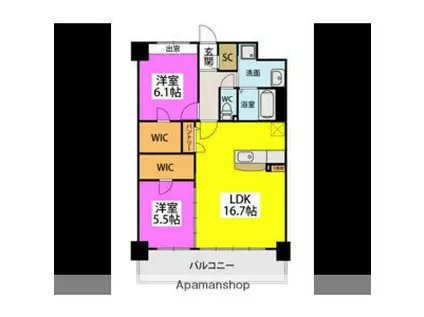 ビオネ美野島(2LDK/9階)の間取り写真