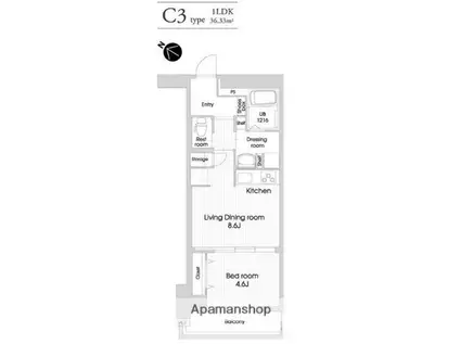 ラクレイス西新レジデンシャルタワー(1LDK/9階)の間取り写真