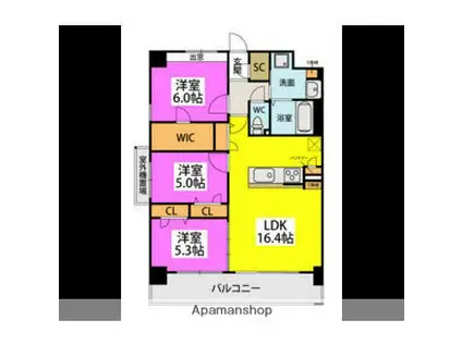 ビオネ美野島(3LDK/7階)の間取り写真