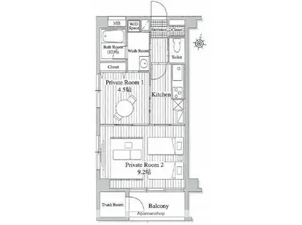 オーツー(1LDK/2階)の間取り写真