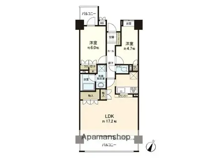 薬院中央パークホームズ イーストコート(2LDK/6階)の間取り写真