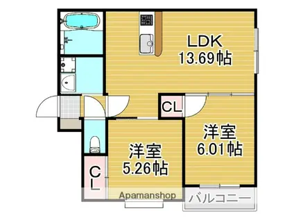 フェリスタ六本松南(2LDK/2階)の間取り写真
