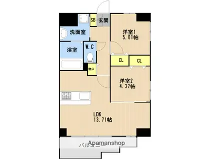 LIBTH高取Ⅱ(2LDK/4階)の間取り写真