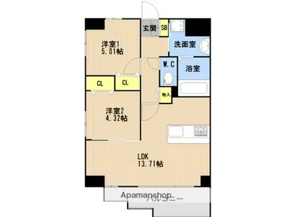 LIBTH高取Ⅱ(2LDK/5階)の間取り写真