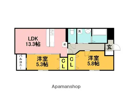 グランドゥール若菜Ⅱ(2LDK/4階)の間取り写真