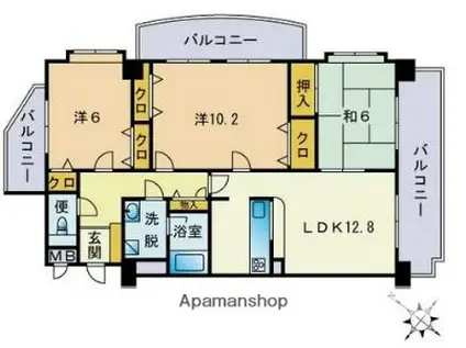 ロイヤルマンション西新Ⅱ(3LDK/3階)の間取り写真
