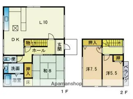 筑肥線 下山門駅 徒歩13分 2階建 築46年(3LDK)の間取り写真