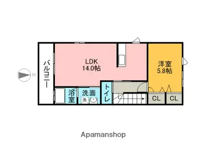ヴィルヌーブ(1LDK/2階)の間取り写真