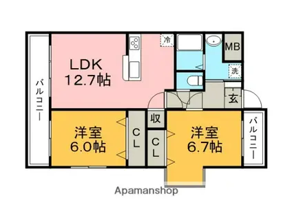 グリーンヒル櫛原(2LDK/1階)の間取り写真