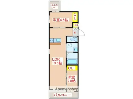 MIRAIAL藤崎(2LDK/5階)の間取り写真