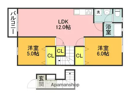 パールシャルレⅡ(2LDK/2階)の間取り写真