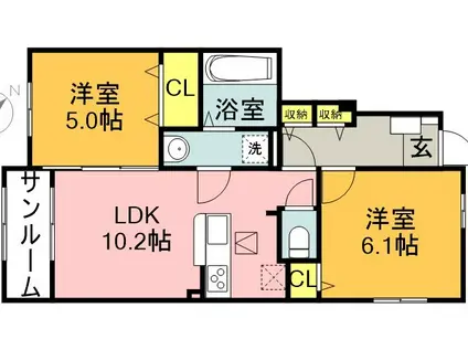 ロータス川宮3(2LDK/1階)の間取り写真