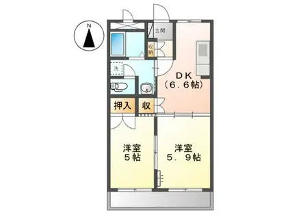 プロニティ B棟(2DK/1階)の間取り写真