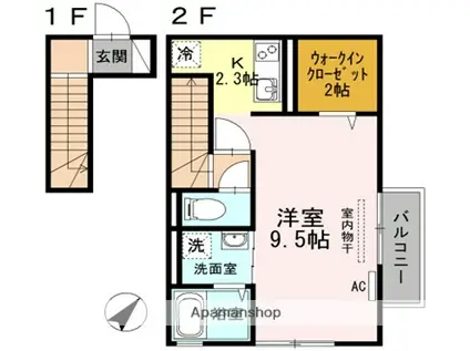 K・フィールド(ワンルーム/2階)の間取り写真