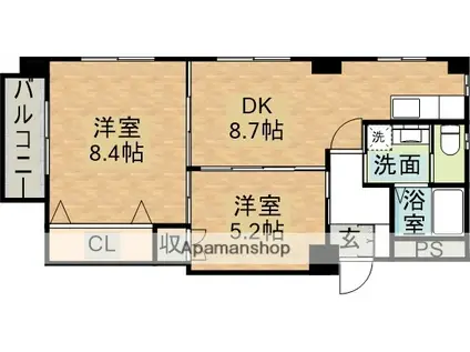 上戸町ホーエイハイツ(2DK/4階)の間取り写真