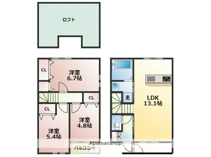 熊本市上熊本線 段山町駅 徒歩16分 2階建 築5年(3SLDK)の間取り写真
