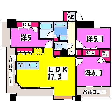 Dグランセ白川公園(3LDK/5階)の間取り写真