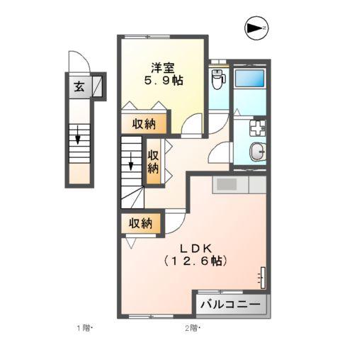 鹿児島本線 富合駅 徒歩18分 2階建 築17年(1LDK/2階)の間取り写真