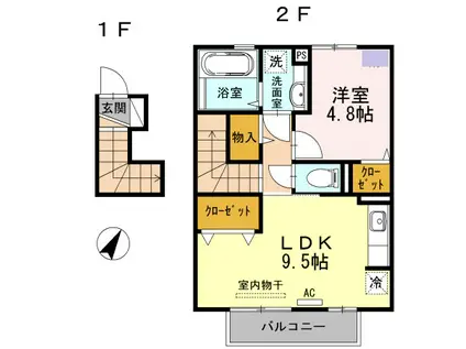 ジュネス涼風(1LDK/2階)の間取り写真