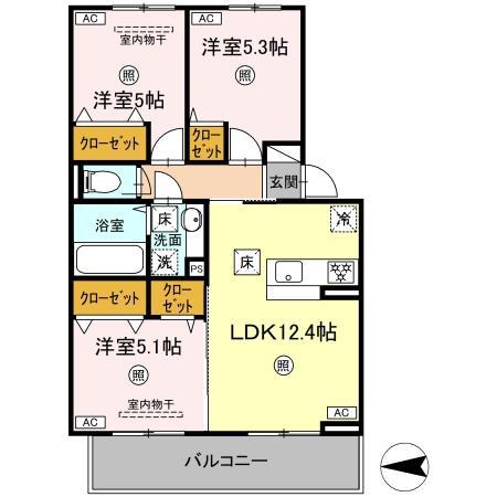 セゾンコート出仲間(3LDK/1階)の間取り写真