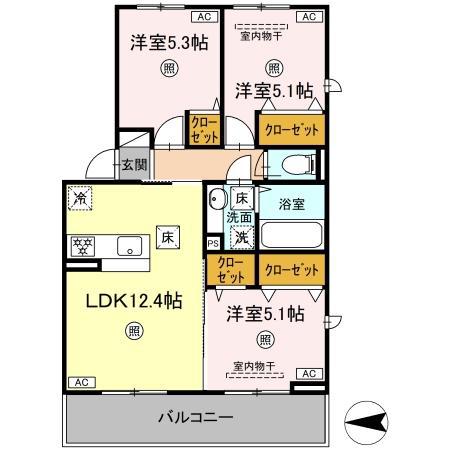 セゾンコート出仲間(3LDK/1階)の間取り写真