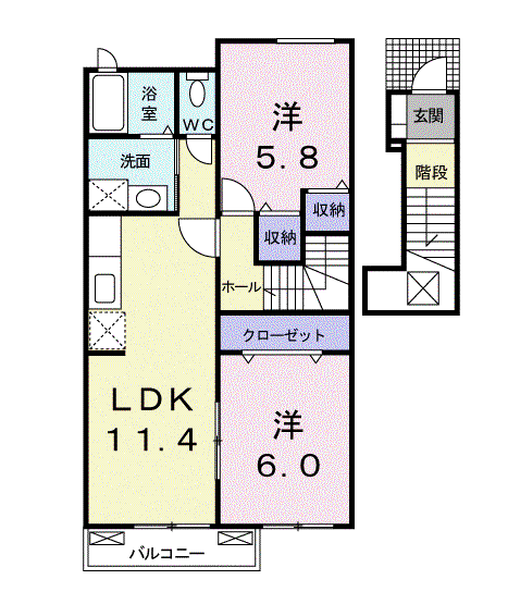 サンヒルズ城南B(2LDK/2階)の間取り写真