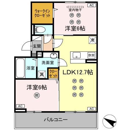 熊本市健軍線 健軍校前駅 徒歩5分 3階建 新築(2LDK/2階)の間取り写真