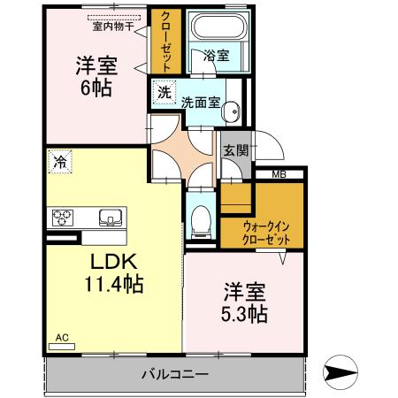 グランドール皆春(2LDK/3階)の間取り写真