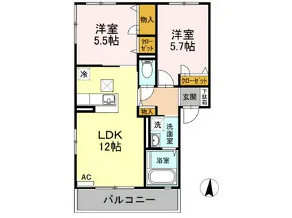 ボヌール羽屋 K棟(2LDK/1階)の間取り写真