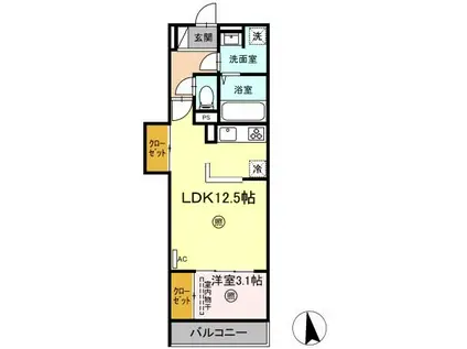 グランリュクス上野丘東(1LDK/2階)の間取り写真