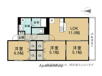 サンリバー三川(3LDK/4階)の間取り写真