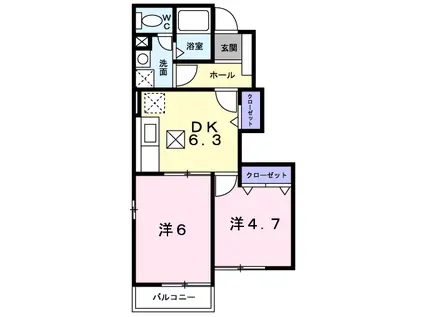 リオラドパティオ B棟(2DK/1階)の間取り写真