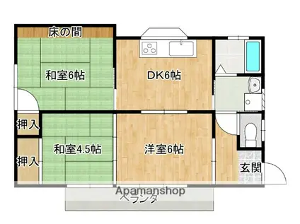 日豊本線 五十市駅 バス乗車時間:3分 内堀住宅バス停で下車 徒歩4分 2階建 築32年(3DK/2階)の間取り写真