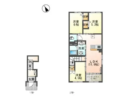 宮崎市本郷北方アパート(3LDK/2階)の間取り写真