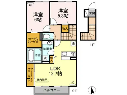 アルファ B棟(2LDK/2階)の間取り写真