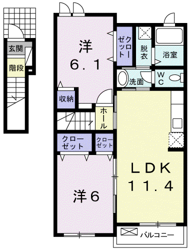 インテリジェンスⅠ(2LDK/2階)の間取り写真