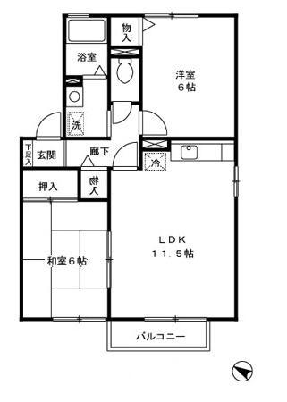 グランドールD棟(2LDK/2階)の間取り写真