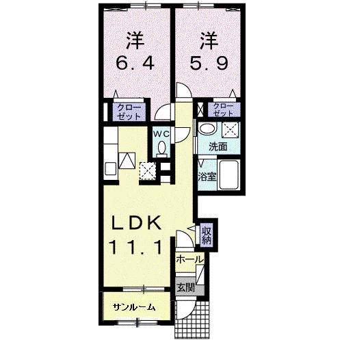 プラシード串木野Ⅱ(2LDK/1階)の間取り写真