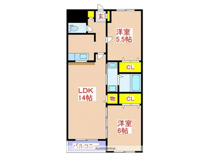 サウスウイング(2LDK/3階)の間取り写真