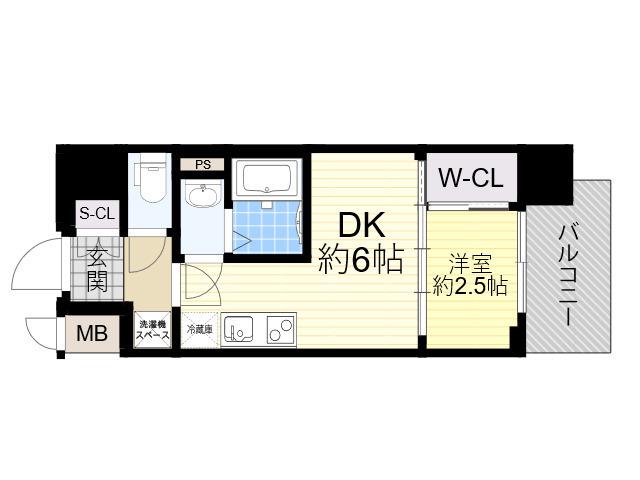 プレリスNEO大阪十三エルヴィオン(1DK/2階)の間取り写真