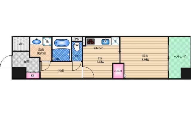 ニューシティアパートメンツ上町台(1DK/5階)の間取り写真