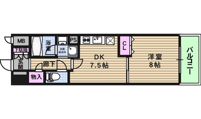 ニューシティアパートメンツ上町台(1DK/2階)の間取り写真