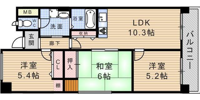 武庫之荘カシノハイツ(3LDK/6階)の間取り写真