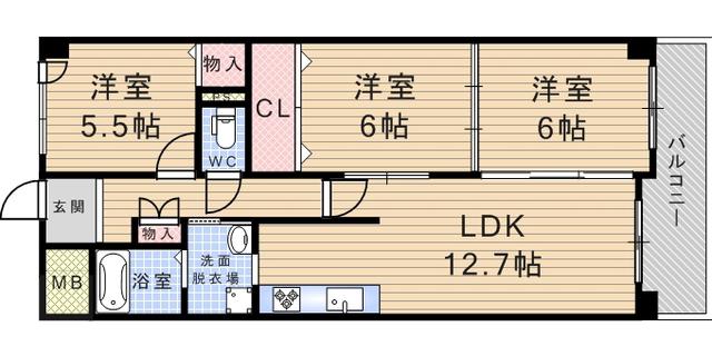 阪急神戸本線 武庫之荘駅 徒歩7分 6階建 築33年(3LDK/4階)の間取り写真