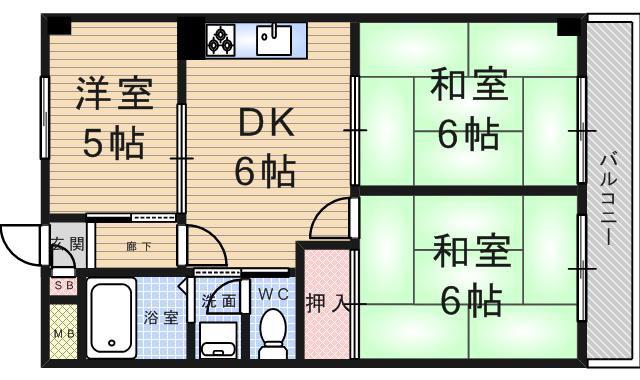 シャルマンフジ武庫之荘壱番館(3DK/2階)の間取り写真