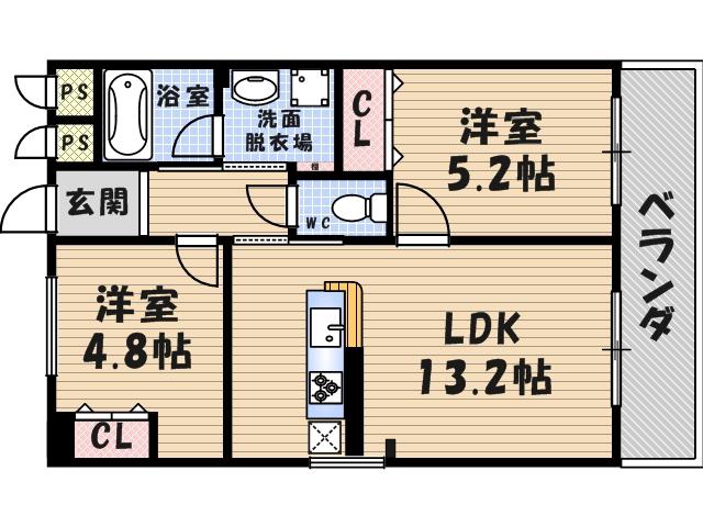 ハウゼクローネ(2LDK/2階)の間取り写真